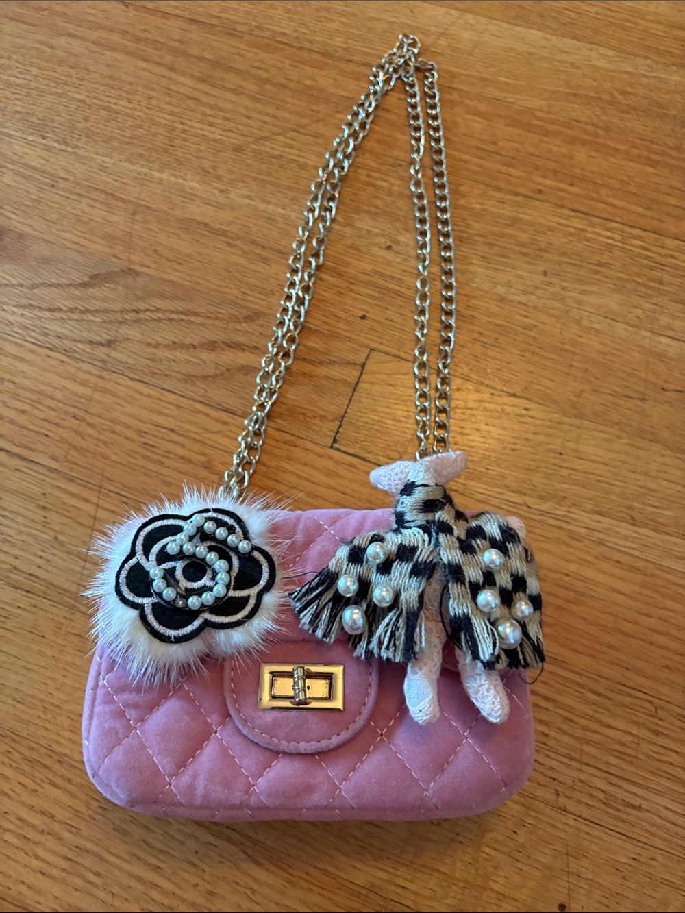 Pink Quilted Kids Crossbody Purse with Pearl & Tassel Charms